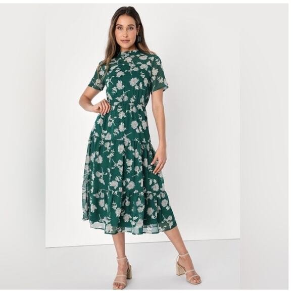 Lulu's Floral Dressed Up Dark Green Floral Print Midi Dress - Picture 1 of 8
